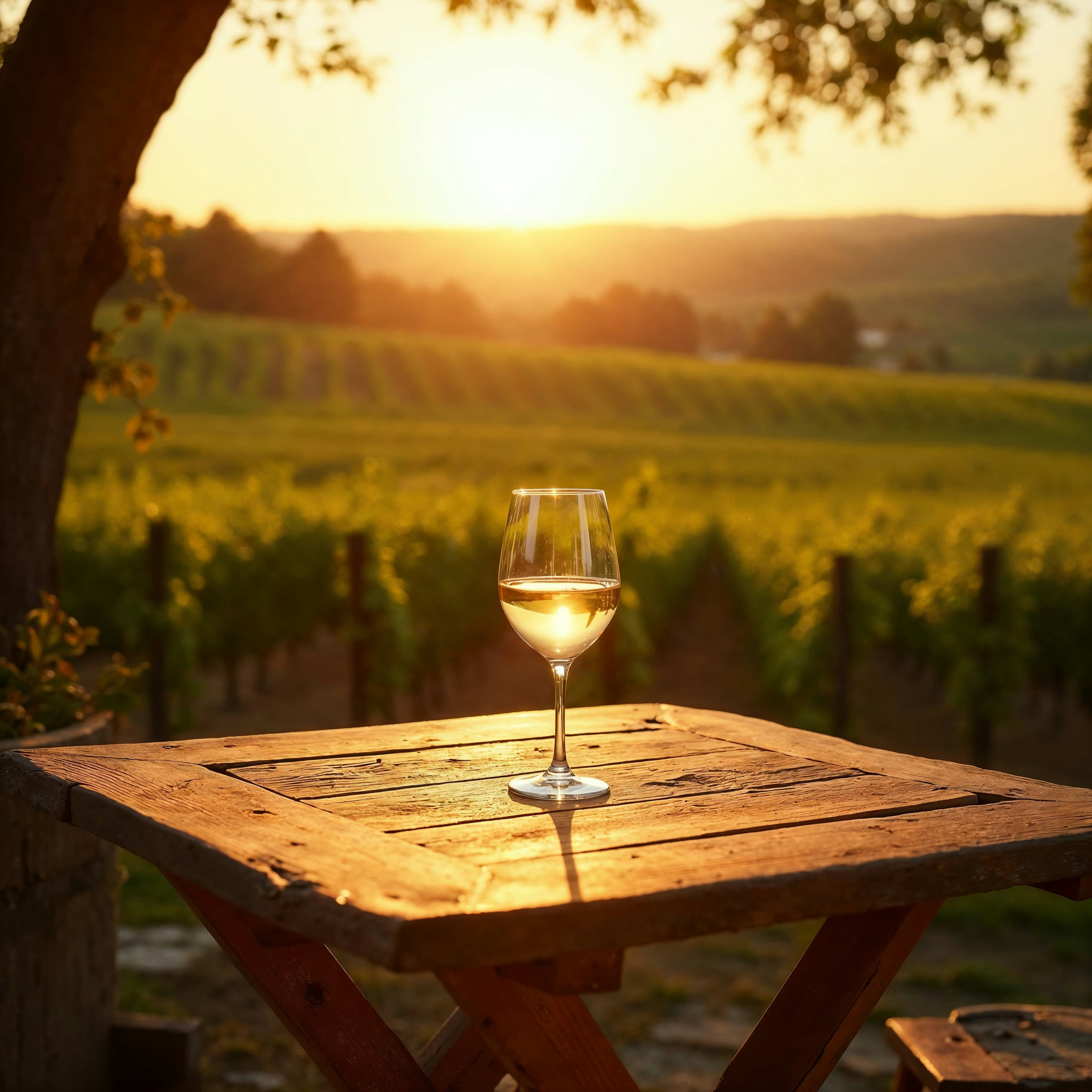Weinglas auf einem Holztisch über dem Weinberg bei Sonnenuntergang
